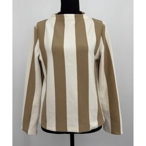 Club Monaco Mock Neck Striped Long Sleeve Pullover Top M Cream Brown Preppy Y2K
